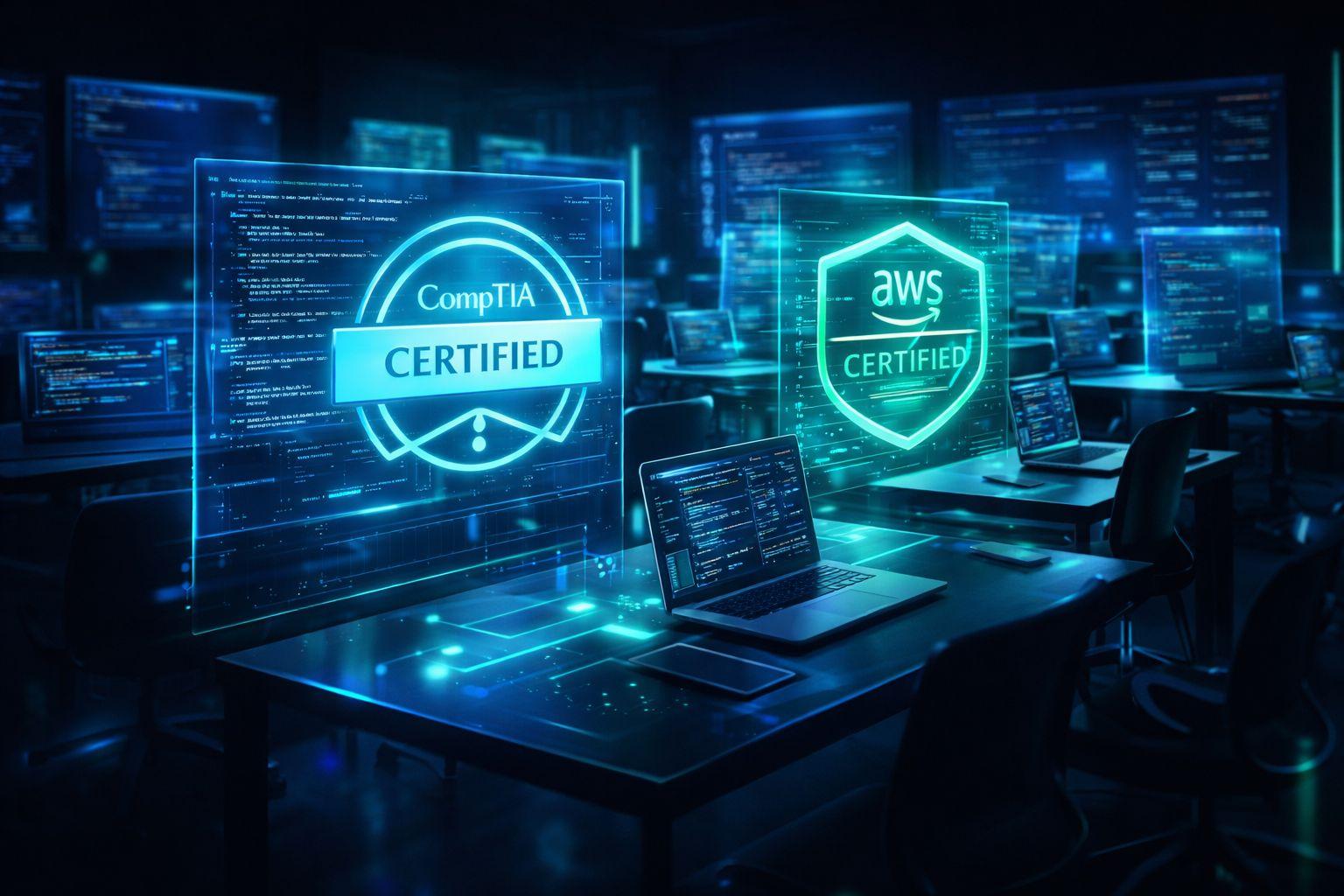 CompTIA and AWS certification badges displayed on a digital screen