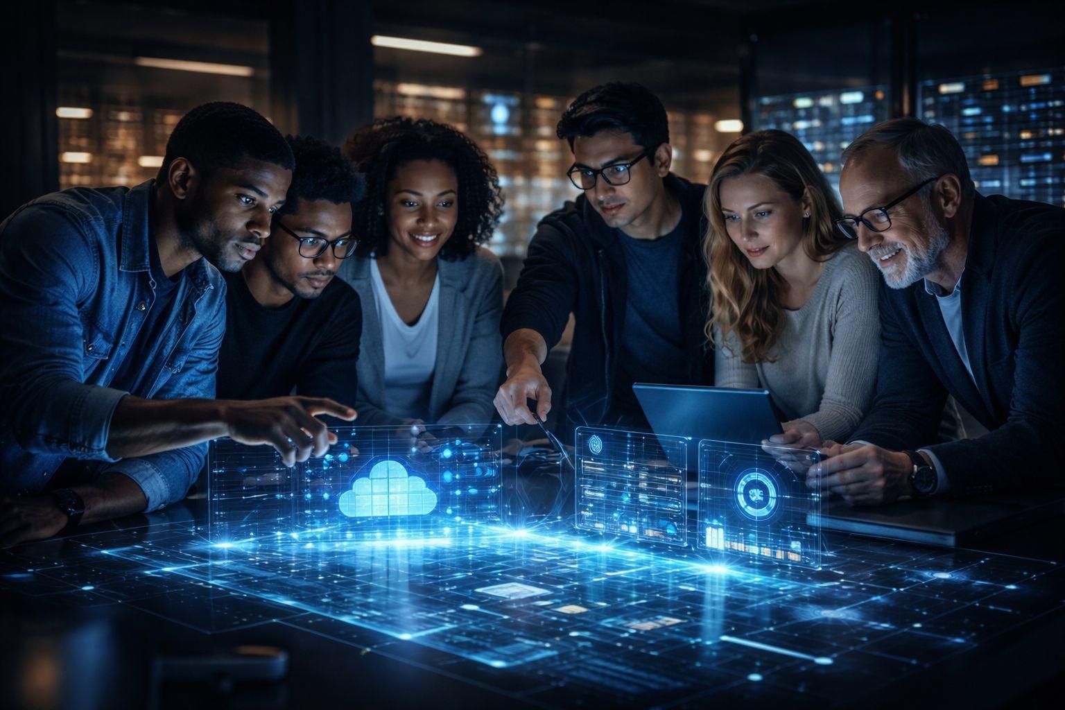 Team collaborating around a holographic display in a futuristic workspace