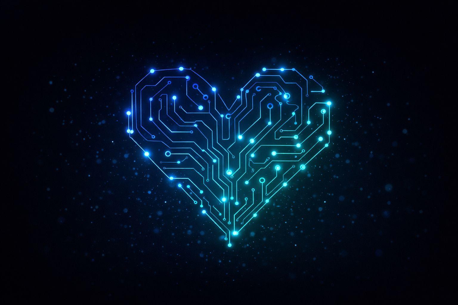 Glowing circuit board forming a heart shape representing technology and generosity