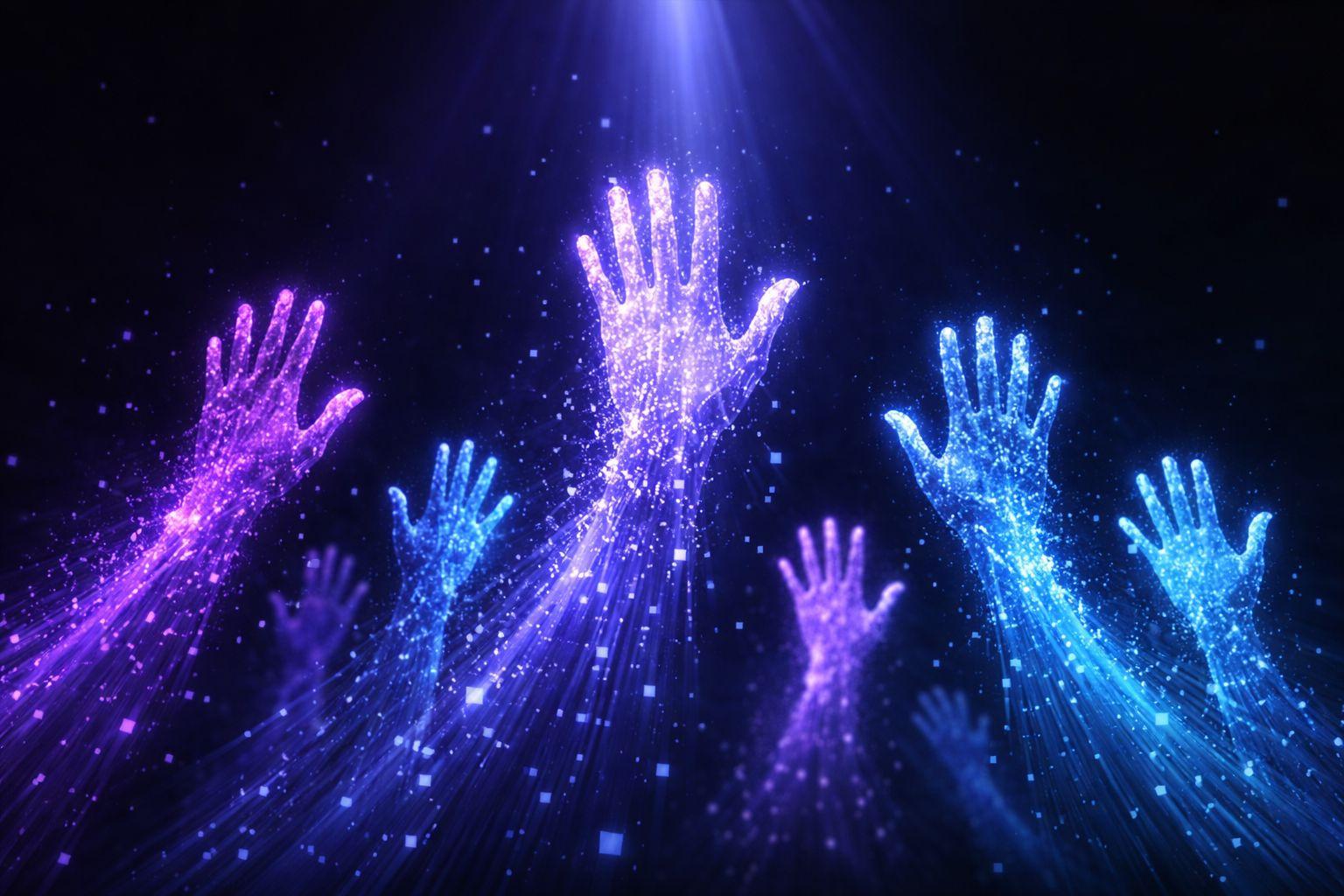 Hands reaching upward illuminated by purple and blue light representing opportunity