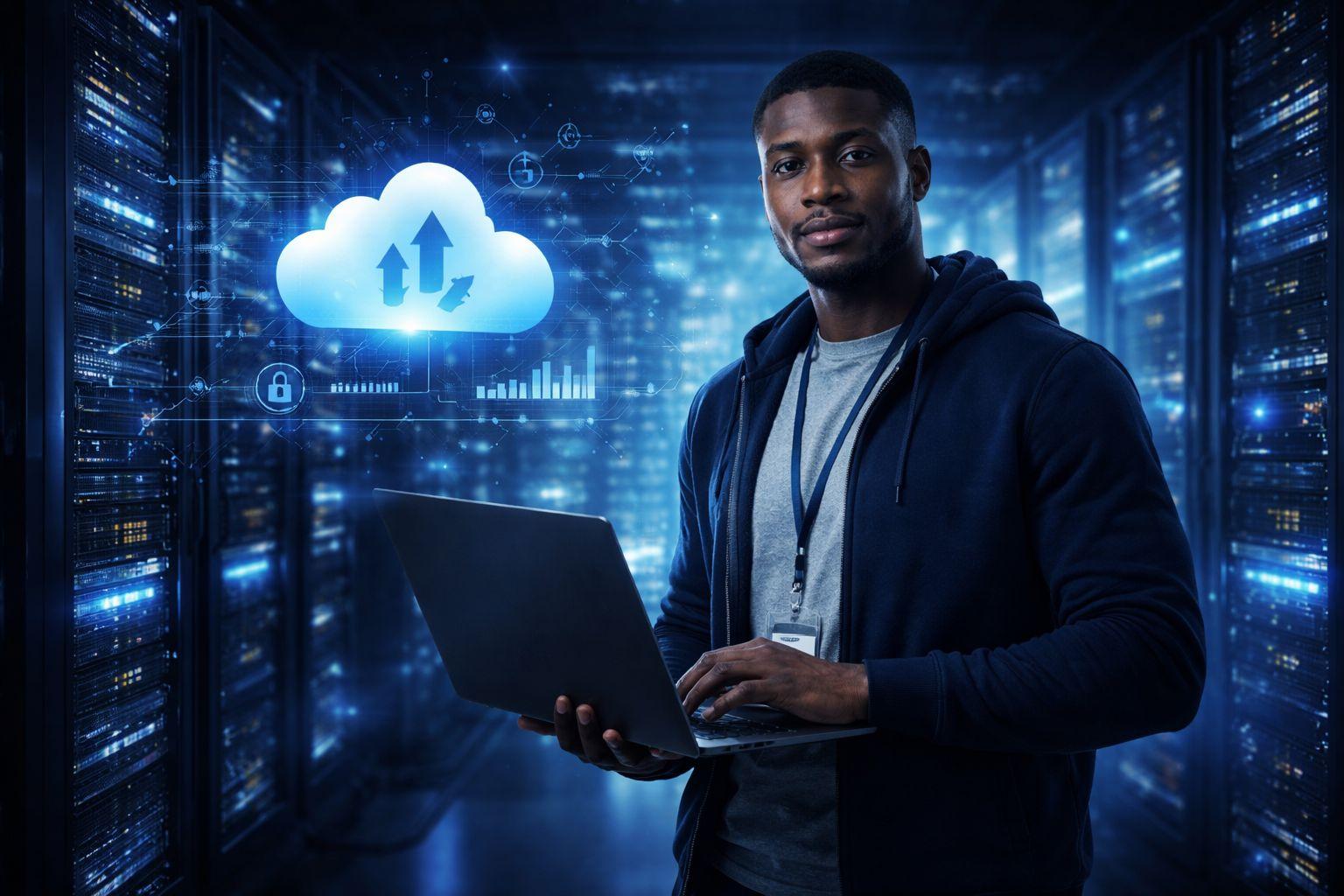 Man working on laptop in a server room with glowing rack servers