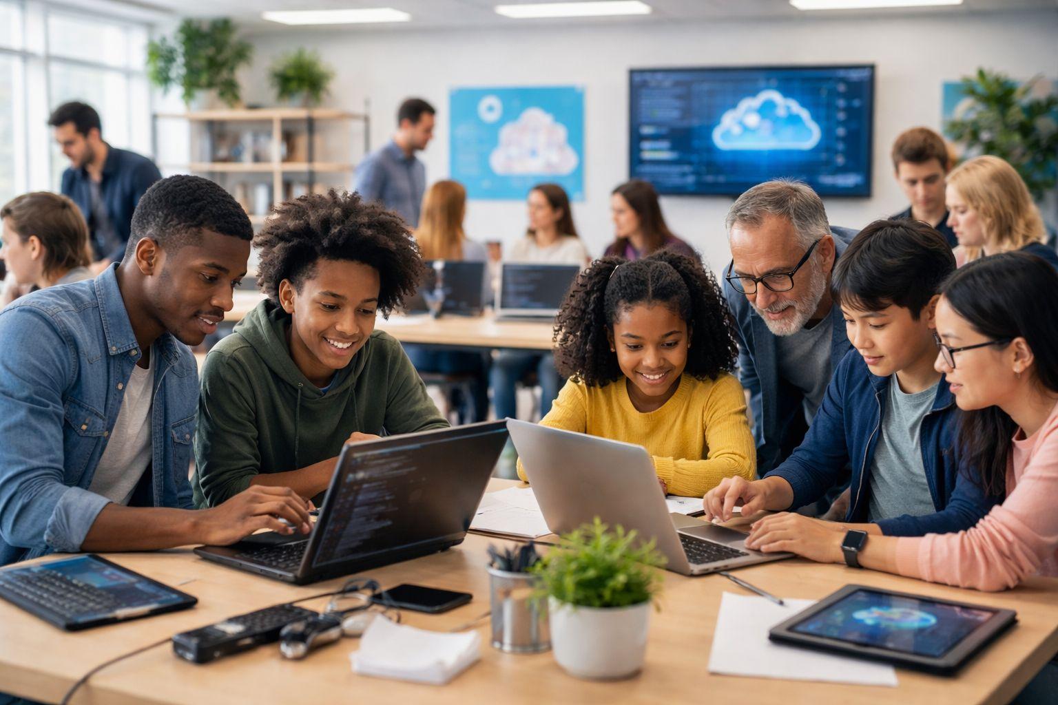 Diverse classroom of students learning technology together
